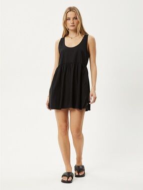 Afends Black Scoop Neck Jesse Mini Babydoll Dress Cotton Hemp Medium